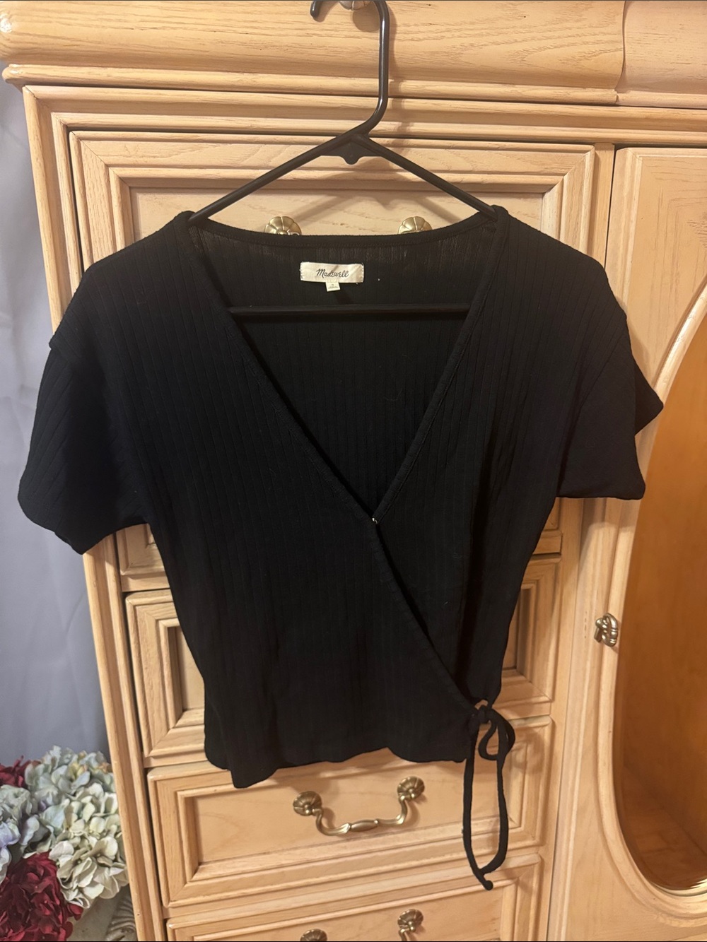 Madewell Black Ribbed Wrap Short-Sleeve Top with Side Tie - Picture 2 of 5